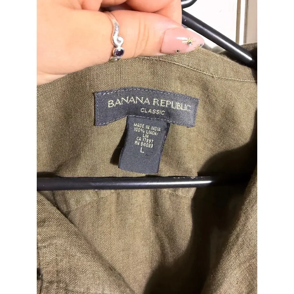 Banana Republic 100% Linen Shirt Mens L Olive Green Camp Collar Short Sleeve
